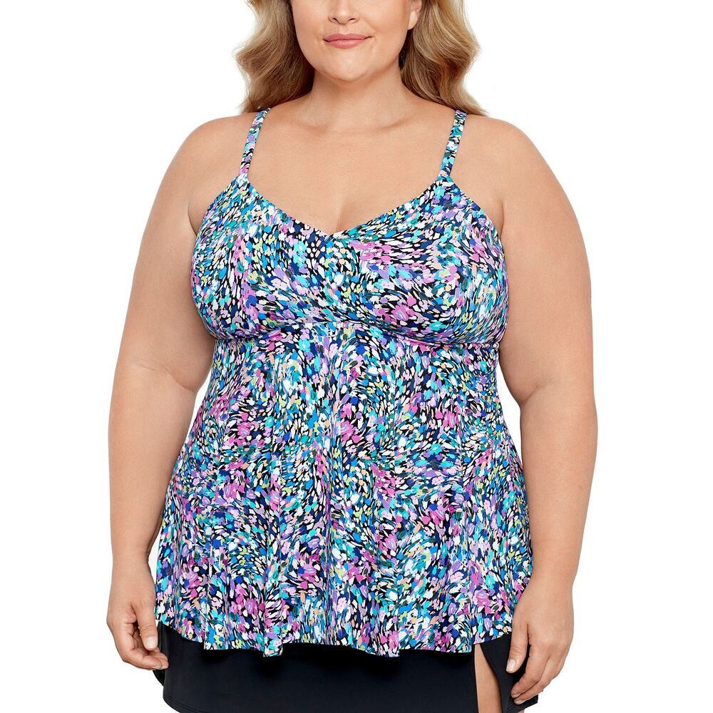 Swim Solutions Floral V-Neck Underwire Tankini Top Dancing Colors Plus Size 24W